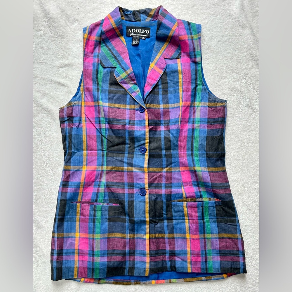 Adolfo International Vintage Long Waisted Plaid Vest size 12 Purple & Blue Check